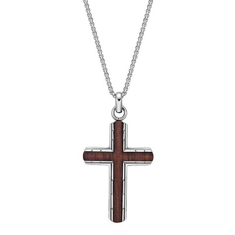 Men's LYNX Stainless Steel & Bubinga Wood Textured Cross Pendant Necklace