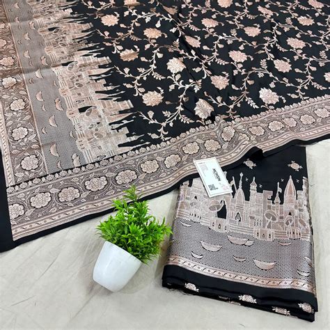 Black Ganga Ghat Katan Silk Banarasi Suit – Mohsin Textiles