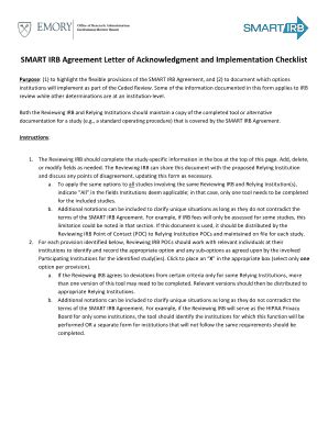 Fillable Online 20171024 SMART IRB Agreement Implementation Checklist ...