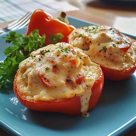 Chicken Alfredo Stuffed Peppers - OurKitchenRecipe.com