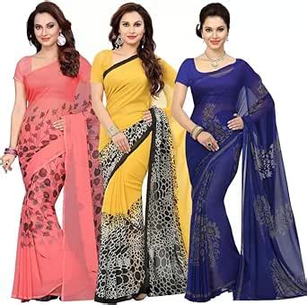 ishin Silk Women's Georgette Printed Saree Combo Of 3 With Attached ...