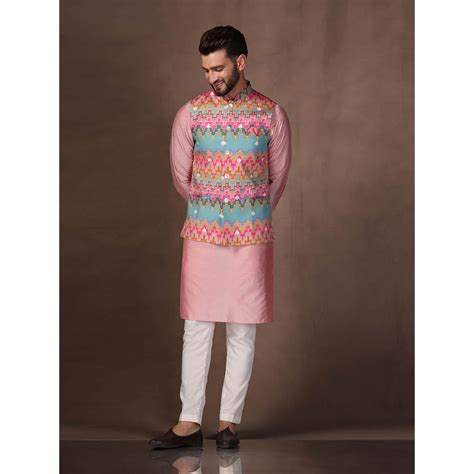 Buy KISAH Men Multi Coloured Printed Cotton Blend Kurta Jacket Trouser ...