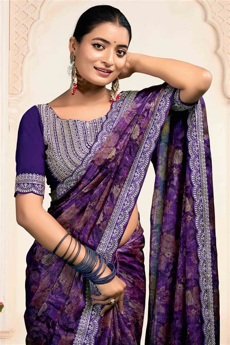 Purple Floral Printed Jimmy Choo Chiffon Saree With Embroidery On Bord