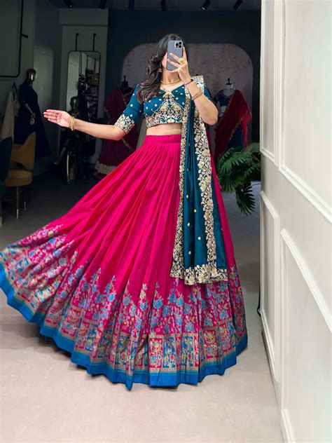Women's Teal Vichitra Silk Sequins And Thread Embroidery Work Lehenga ...