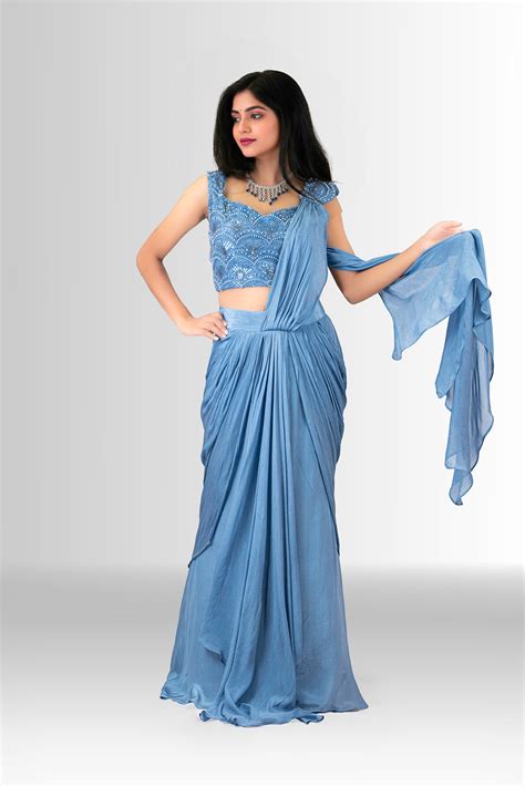 Steel Blue Indowestern Drape Saree | Heavy Handwork Blouse – Rosio House