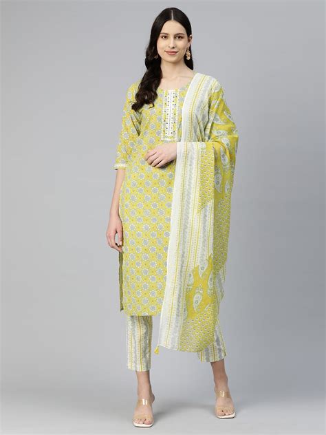 Straight Style Cotton Fabric Green Color Kurti And Bottom With Dupatta ...