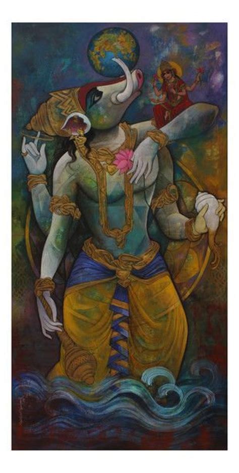 Buy Varaha Avatar of Lord Vishnu Hand Painted Painting on Canvas no ...