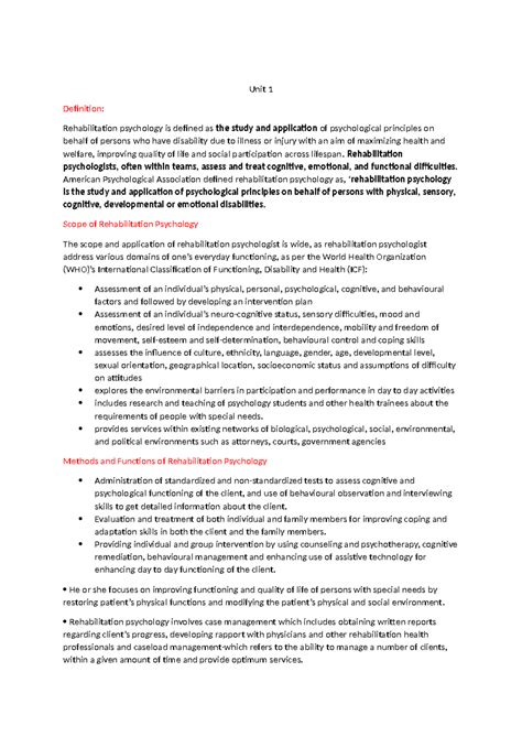 Unit 1 Notes: Understanding Rehabilitation Psychology - Studocu
