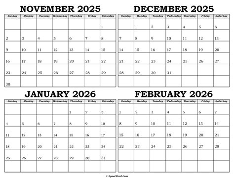 November 2025 To February 2026 Calendar Templates - SpootViral