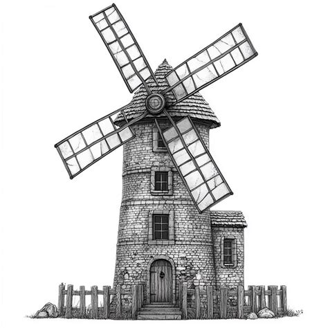 Front view windmill for a fantasy map black and white with white ...
