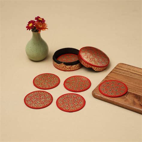 Red Handpainted Paper Mache Coaster with Box (Set of 6)