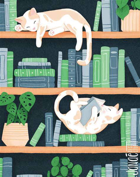 Cozy Cats on Bookshelves - Digital Download Illustration - Etsy | Book ...