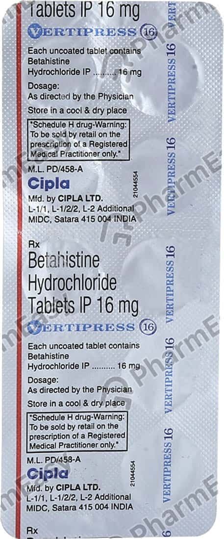 Vertipress 16 MG Tablet (10): Uses, Side Effects, Price & Dosage ...