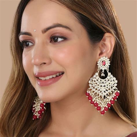 Buy Yellow Chimes Gold-Plated Kundan Studded Chandbalis Earrings Online