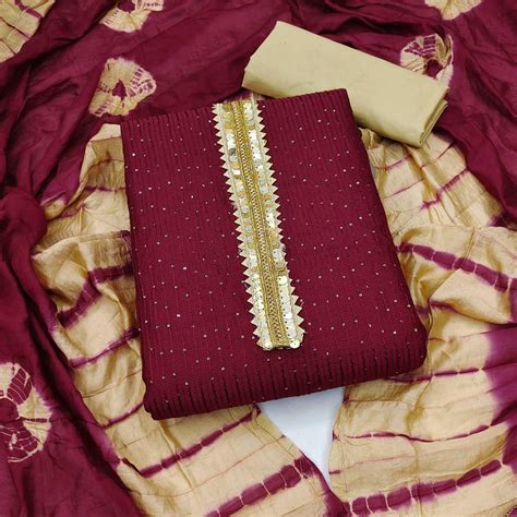 Maroon Embroidered With Embellished Cotton Blend Dress Material