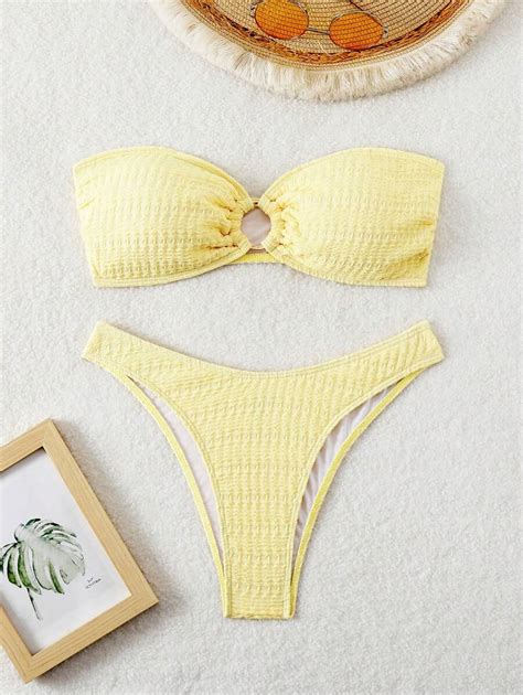 Swim Mod Women Summer Beach Solid Color Bandeau Circular Connected Sexy ...
