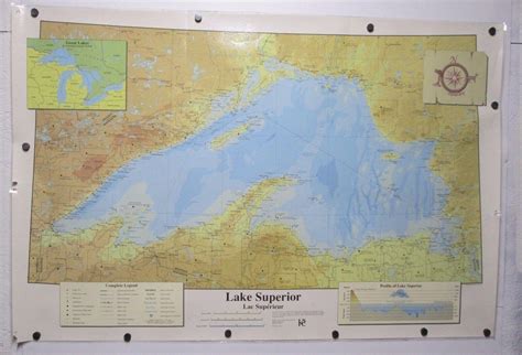 1993 Lake Superior Map Laminated Great Lakes 3 ft x 2 ft Duluth ...