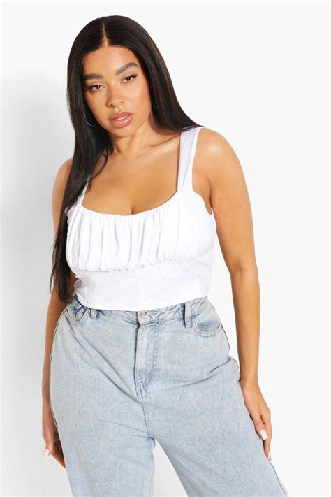 White Plus Ruched Bust Square Neck Crop Top | boohoo UK