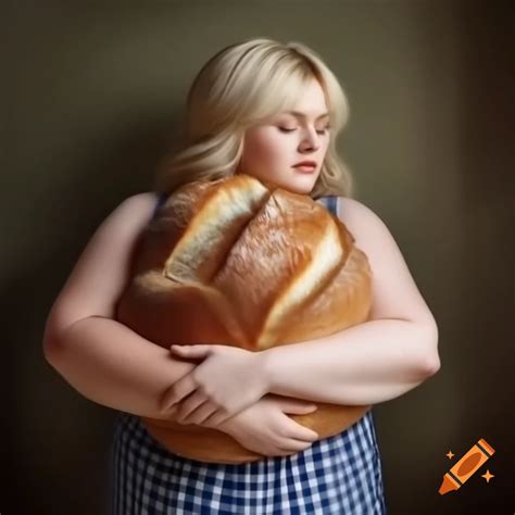 Chubby blonde woman playfully kissing a piece of bread on Craiyon