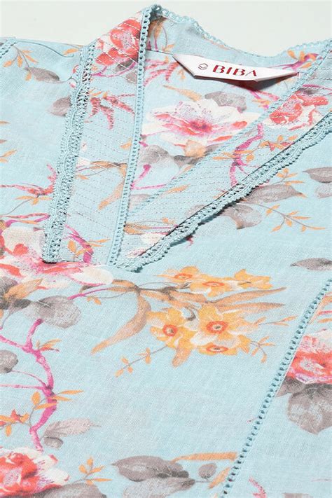 Turquoise Blue Floral Printed Straight Kurta at Biba India