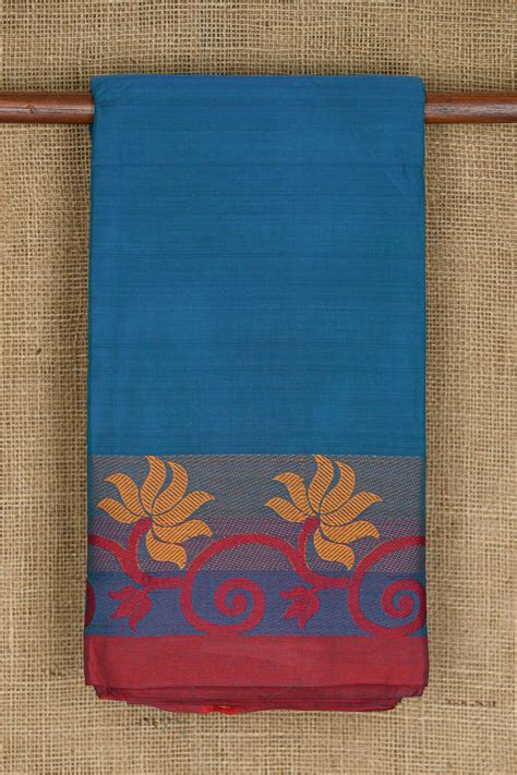 Thread Work Floral Border In Plain Aegean Blue Chettinad Cotton Saree ...