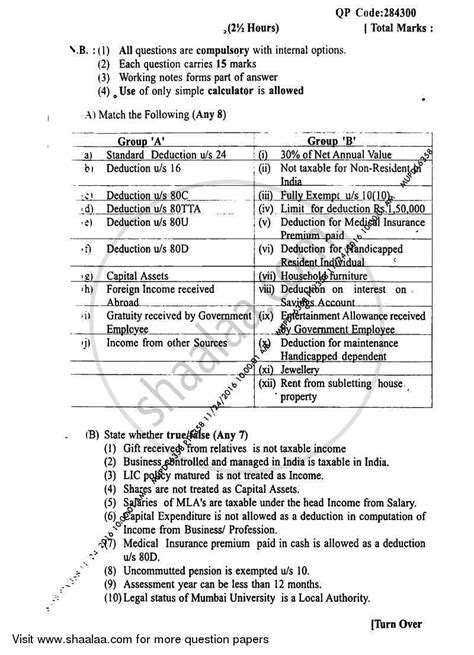 Taxation Paper 3 (Direct Tax Paper 1) 2016-2017 B.Com Accounting and ...