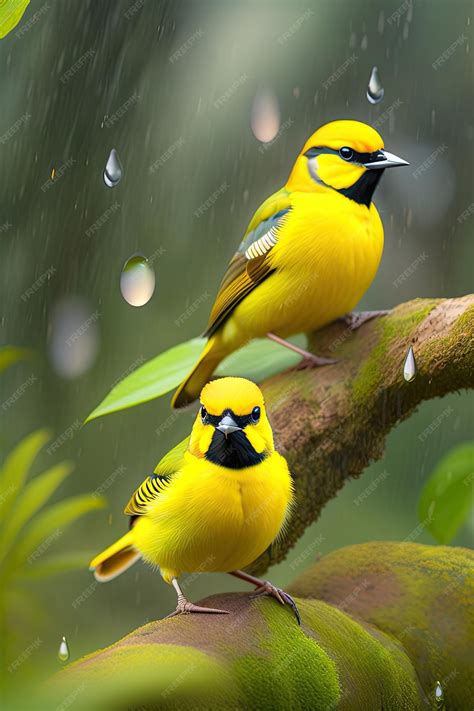Little yellow birds in the rain forest landscape blured background ...