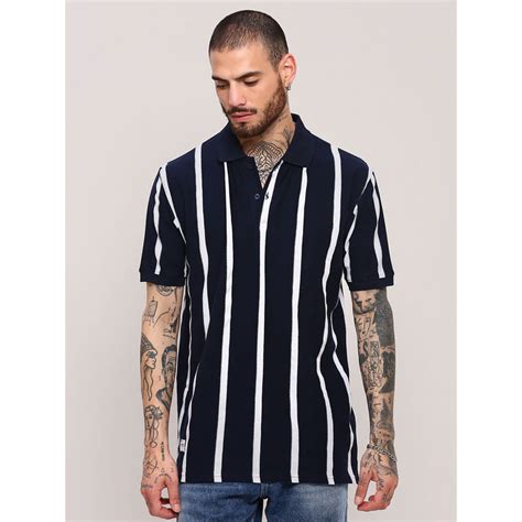 Buy SHOWOFF Men Navy Blue Striped T-Shirt Online