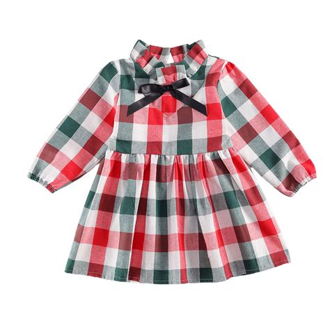 Buy Toddler Baby Girl Christmas Dress Plaid Long Sleeve Belted Dress ...