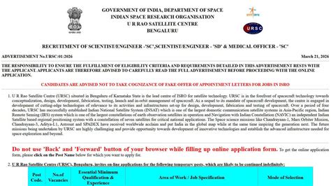 ISRO URSC recruitment 2026: Applications underway for Scientist ...