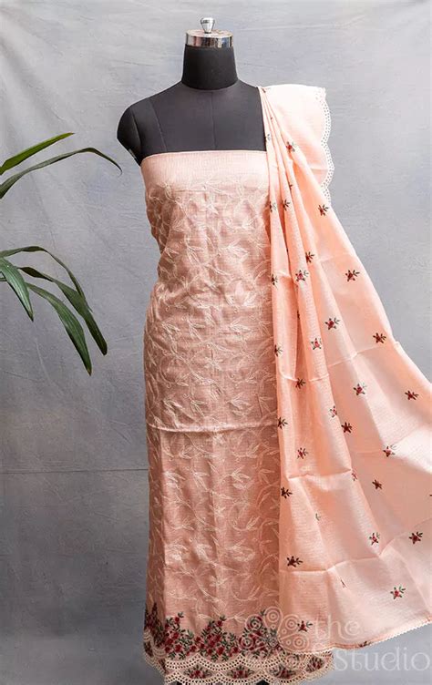 Peach Kota Cotton Salwar Set with Floral Embroidery Top & Dupatta
