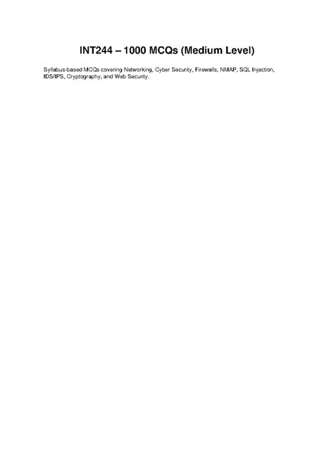 INT244 Medium Level MCQs on Networking & Cyber Security Concepts - Studocu