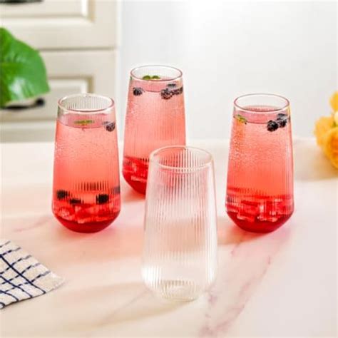 HomeEssentials Tall Glass Tumbler 300ml Set of 4 Transparent Ribbed ...