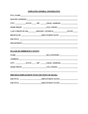 Fillable Online EMPLOYEE GENERAL INFORMATION - Selma North Carolina Fax ...