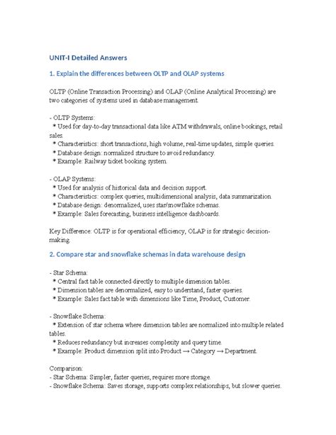 Unit 1: Detailed Answers on OLTP, OLAP, and Data Warehouse Design - Studocu