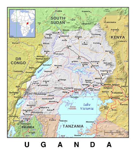 Detailed political map of Uganda with relief | Uganda | Africa | Mapsland | Maps of the World