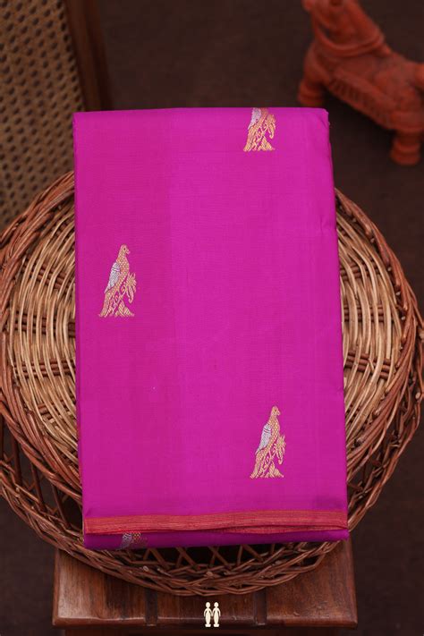Kanchipuram Silk Saree In Purple Rose With Parrot Buttas