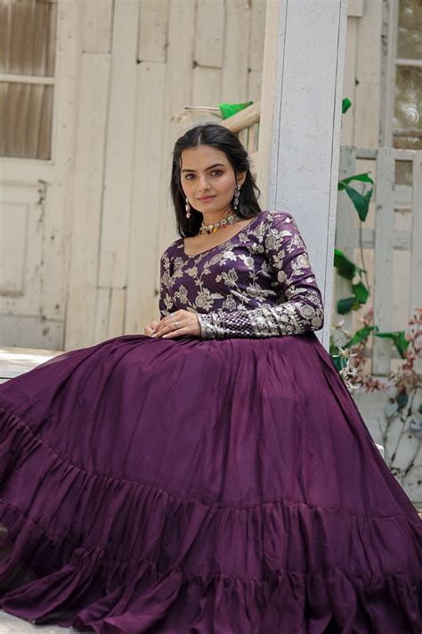 Wine Color Embroidery Work Long Gown - Clothsvilla