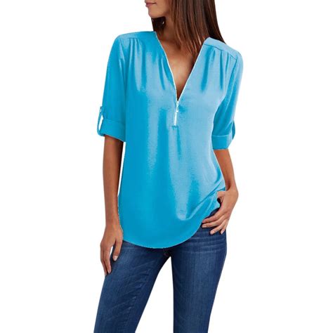 HTNBO Zip up Shirts for Women Loose Fit Ladies Chiffon Button Long ...