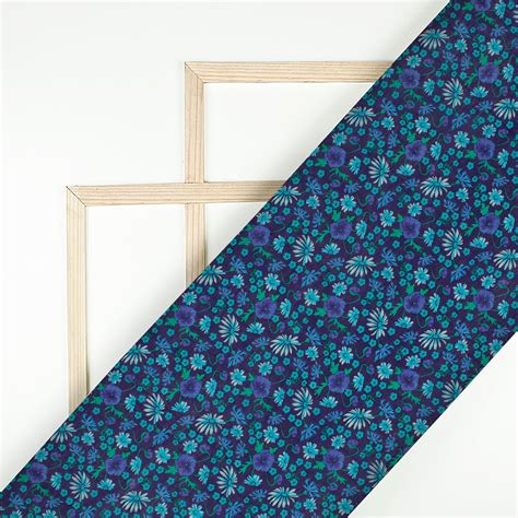 Navy Blue And Green Floral Pattern Digital Print Viscose Chanderi Fabr ...
