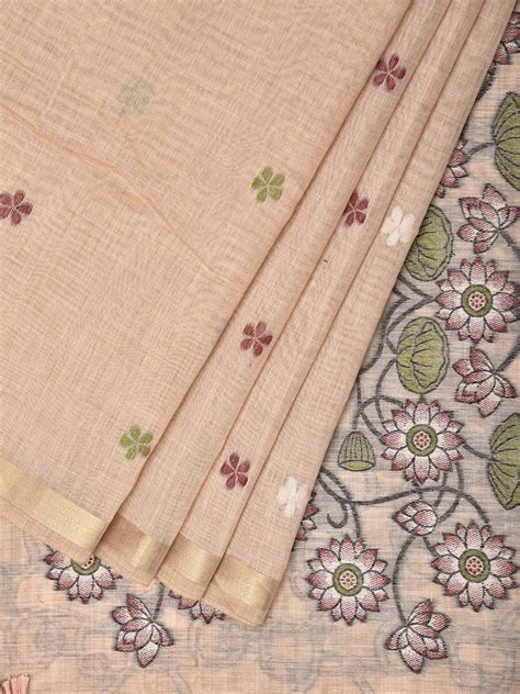 Cream Dhakai Jamdani Cotton Viscose Saree with Floral and Cows Pallu ...