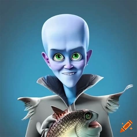 Megamind holding a fish and showing it to the camera on Craiyon