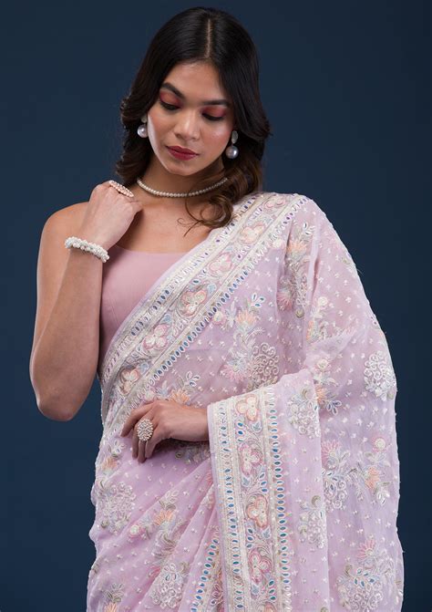 Buy Baby Pink Threadwork Georgette Saree - Koskii