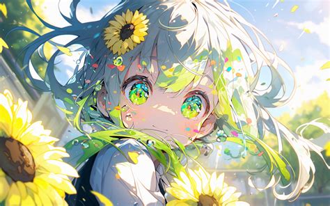 Download wallpaper 1920x1200 girl, eyes, sunflowers, flowers, anime ...