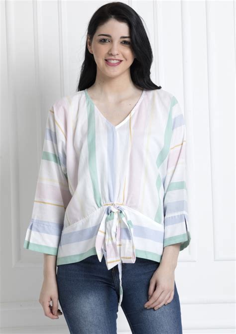 V-Neck Multi Stripe Front Knot Top
