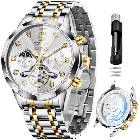 OLEVS Silver Watches for Men Automatic Luxury Tourbillon Mechanical Me ...