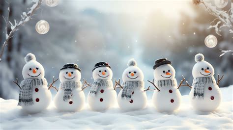 Group of cute snowmen in a cap and scarf in winter snow scene background, celebration concept,AI ...