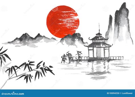 Japan Traditional Japanese Painting Sumi-e Art Sun Mountain Temple ...