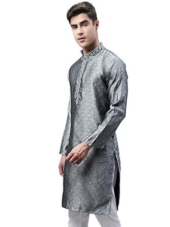 Buy Jompers Men's Collar Embroidered Silk Jacquard Kurtas (Grey, S) at ...