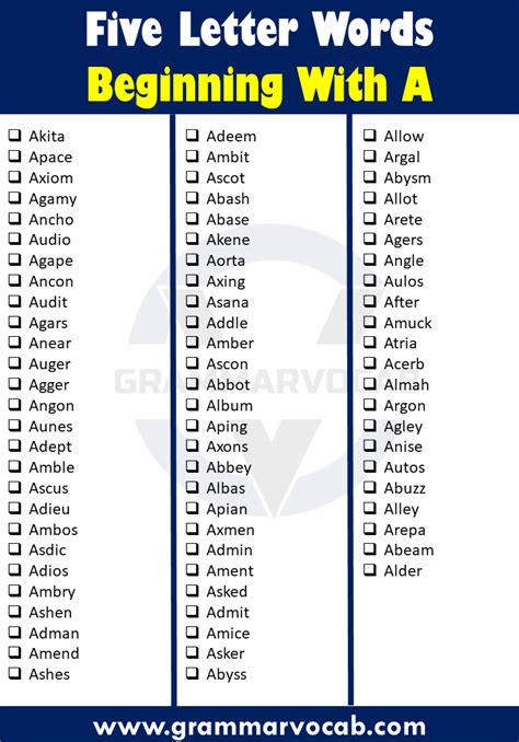 300+ Five Letter Words Beginning with A - GrammarVocab